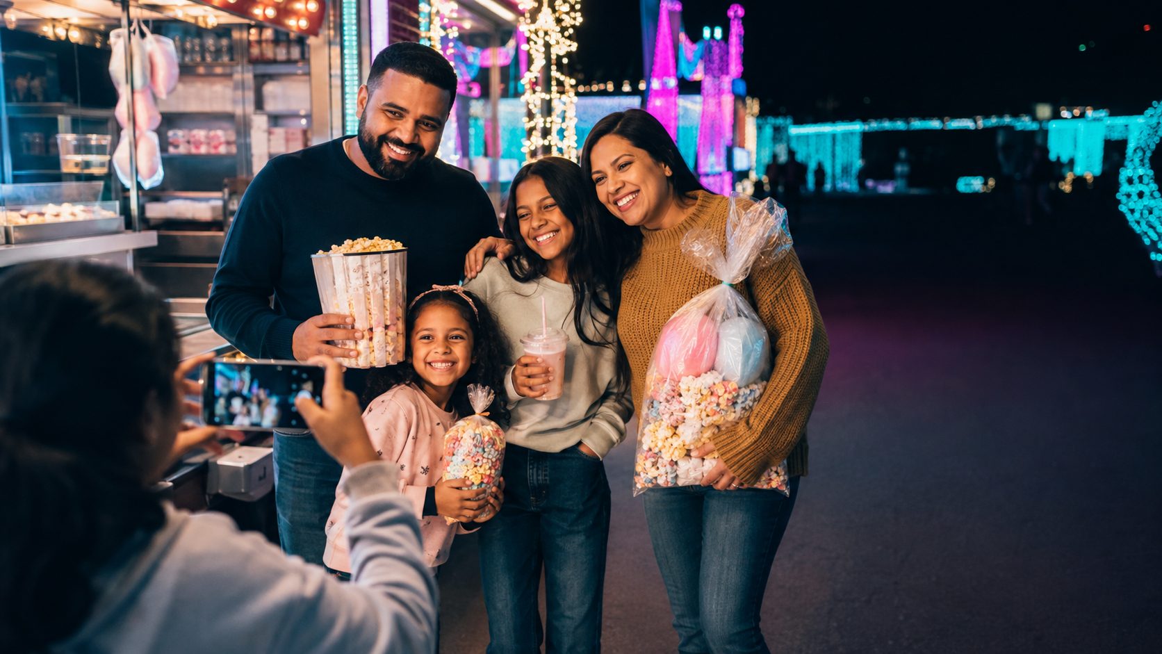 A family posing with snacks and cotton candy under holiday light displays