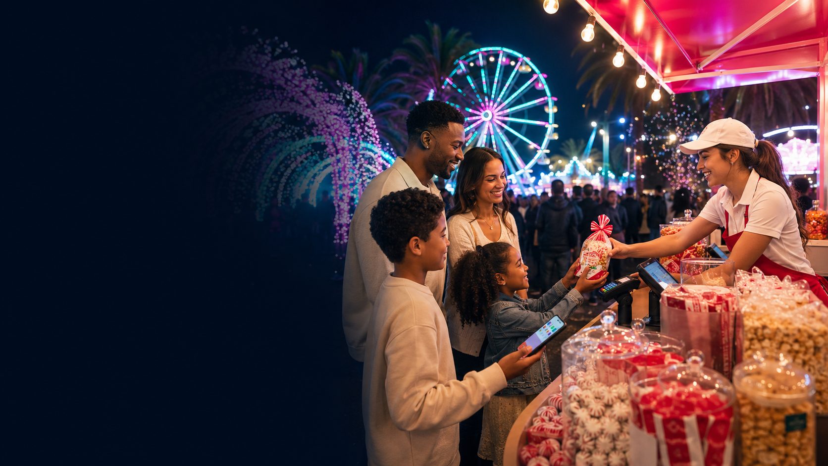 A family buying snacks at a Viral Snax holiday concession under festival lights